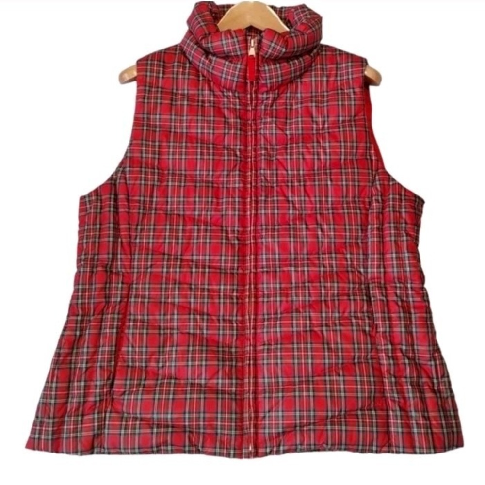 Talbots Womens Red Tartan Plaid Down Puffer Sleeveless Full Zip Vest Jacket